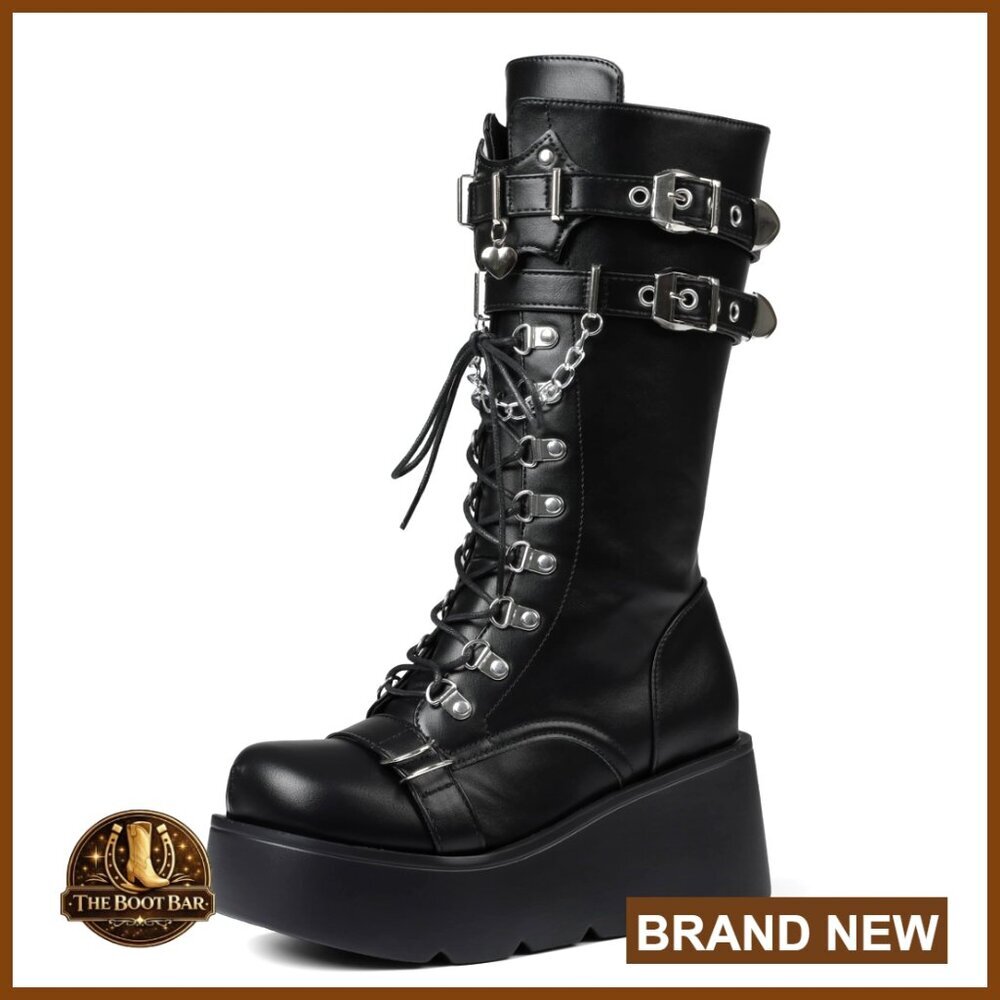 Platform Combat Boots Chunky Wedge Heel Lace Up Mid Calf Punk Motorcycle Shoes